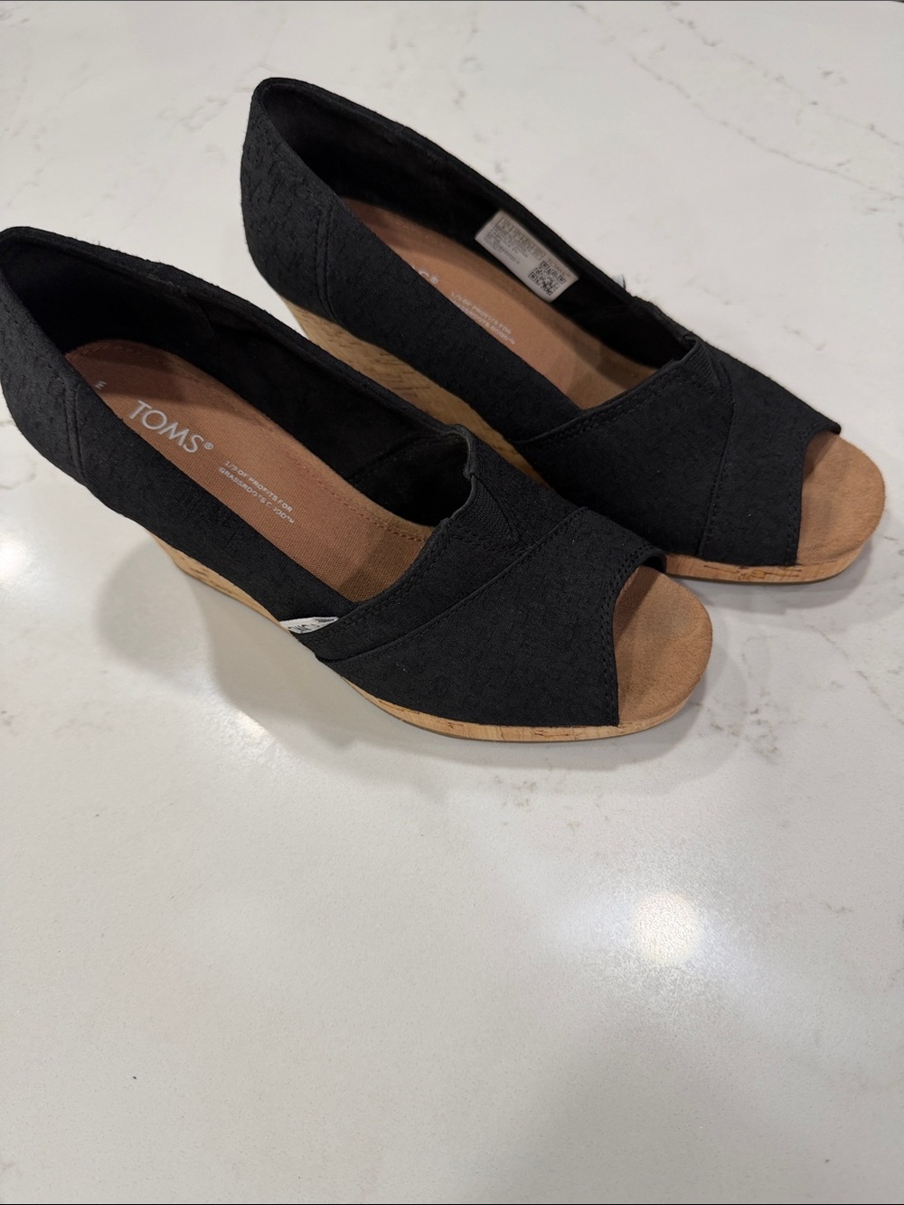TOMS Black Open-Toe Cork-Look Wedge Heels